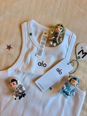 ALO Yoga Kids White Ribbed Tank Top with Logo